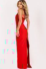 Tight red bodycon prom dress with spaghetti straps and slit back