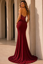 Strapless evening gown with sparkling details and side slit