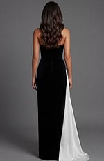 Back view of strapless evening gown with smooth velvet finish