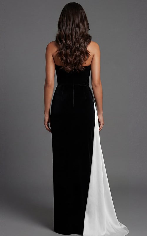 Back view of strapless evening gown with smooth velvet finish