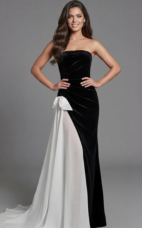 Strapless velvet gown with fitted silhouette and contrast draped panel
