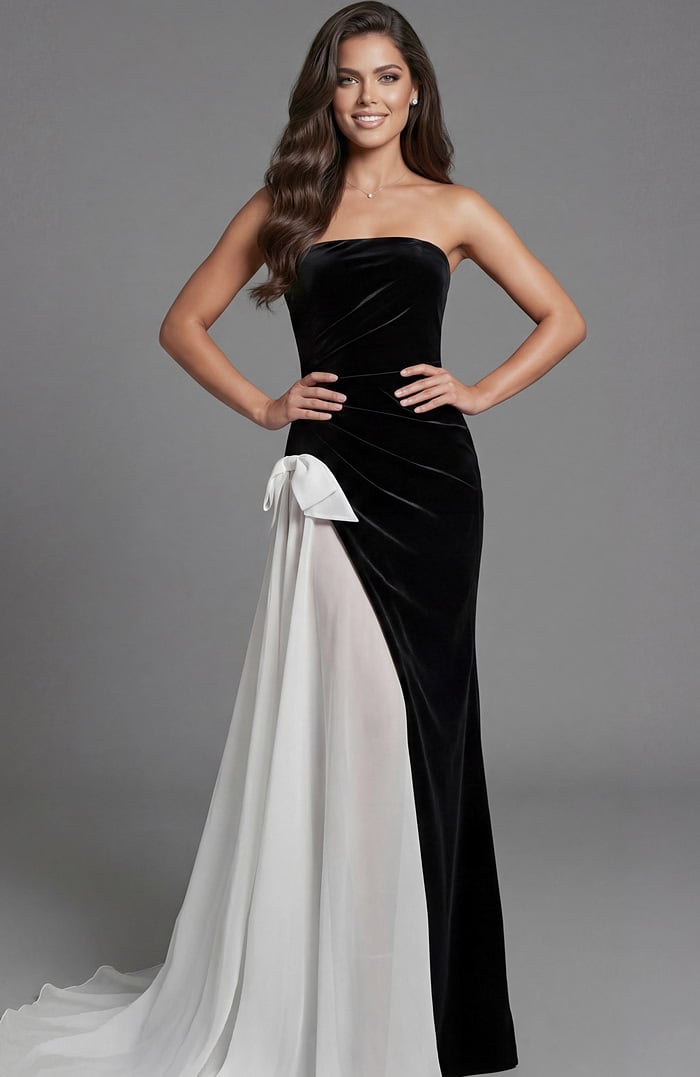 Strapless velvet gown with fitted silhouette and contrast draped panel