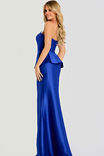 Strapless satin gown with a structured peplum waist and floor length fitted skirt, creating a timeless and elegant look.