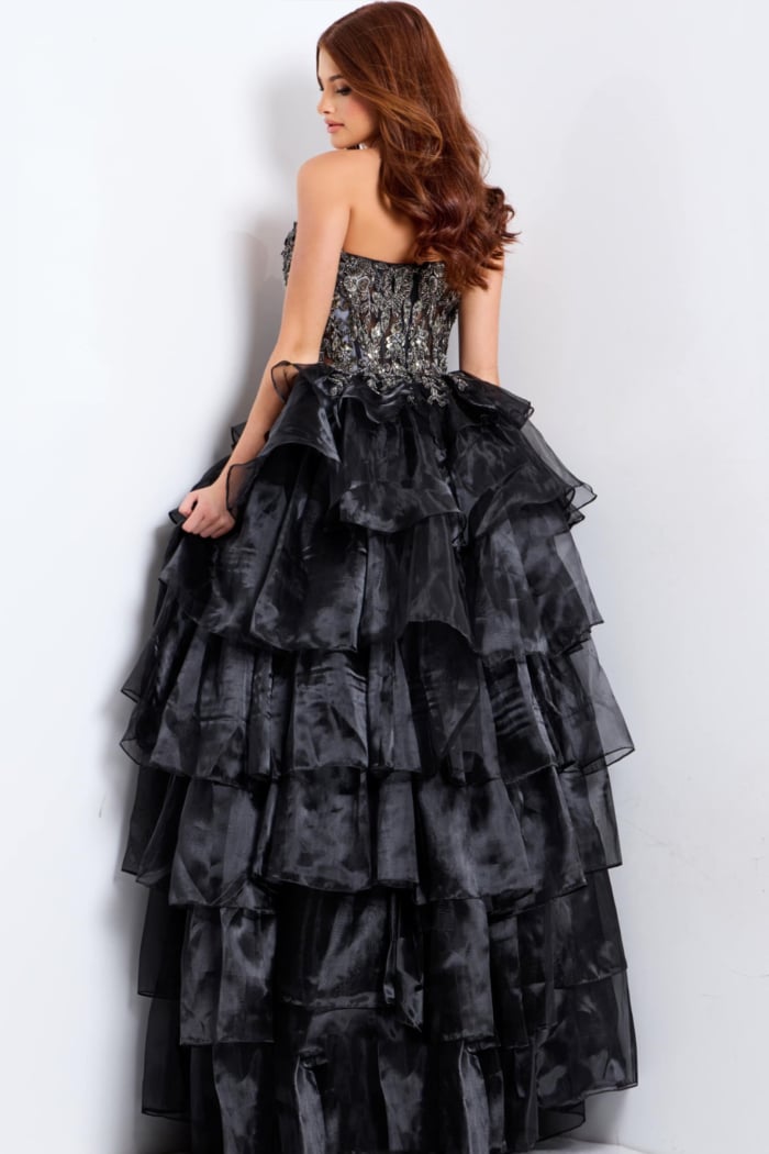 Tiered ruffle black gown with sheer bodice 50259