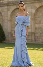 Off shoulder gown with draped wrap bodice and fitted silhouette