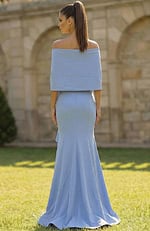 Back view of off shoulder gown with smooth fitted skirt and flared hem