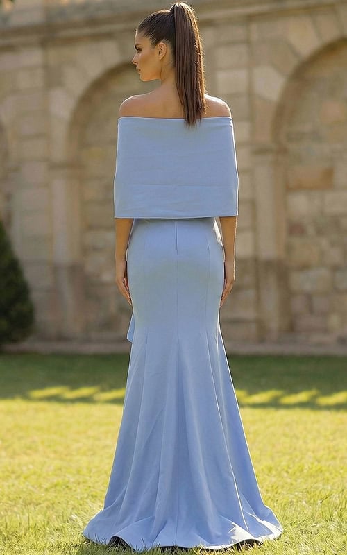 Back view of off shoulder gown with smooth fitted skirt and flared hem