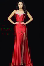 high slit red corset bodice dress 50277