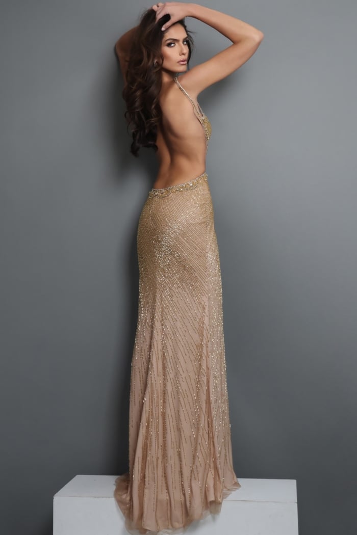 beaded cutout gown with high slit
