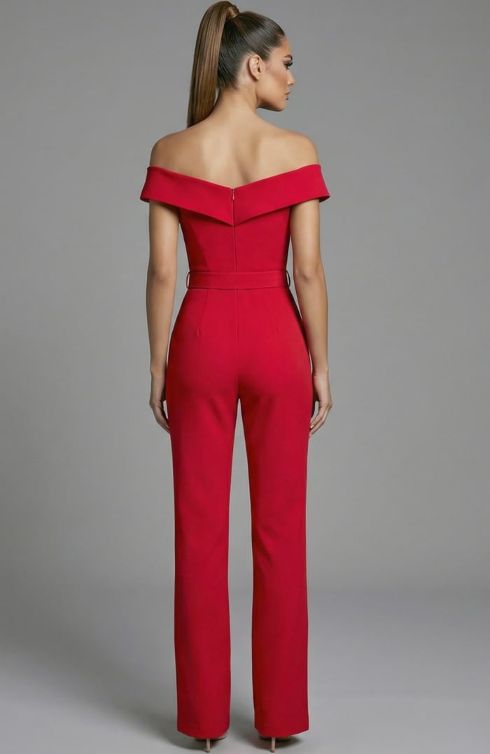 off shoulder fitted jumpsuit with straight leg silhouette