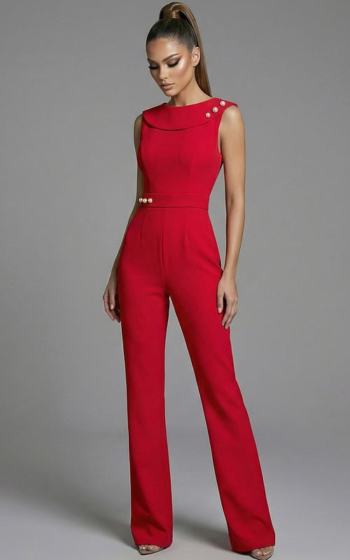 off shoulder tailored jumpsuit with pearl shoulder accents