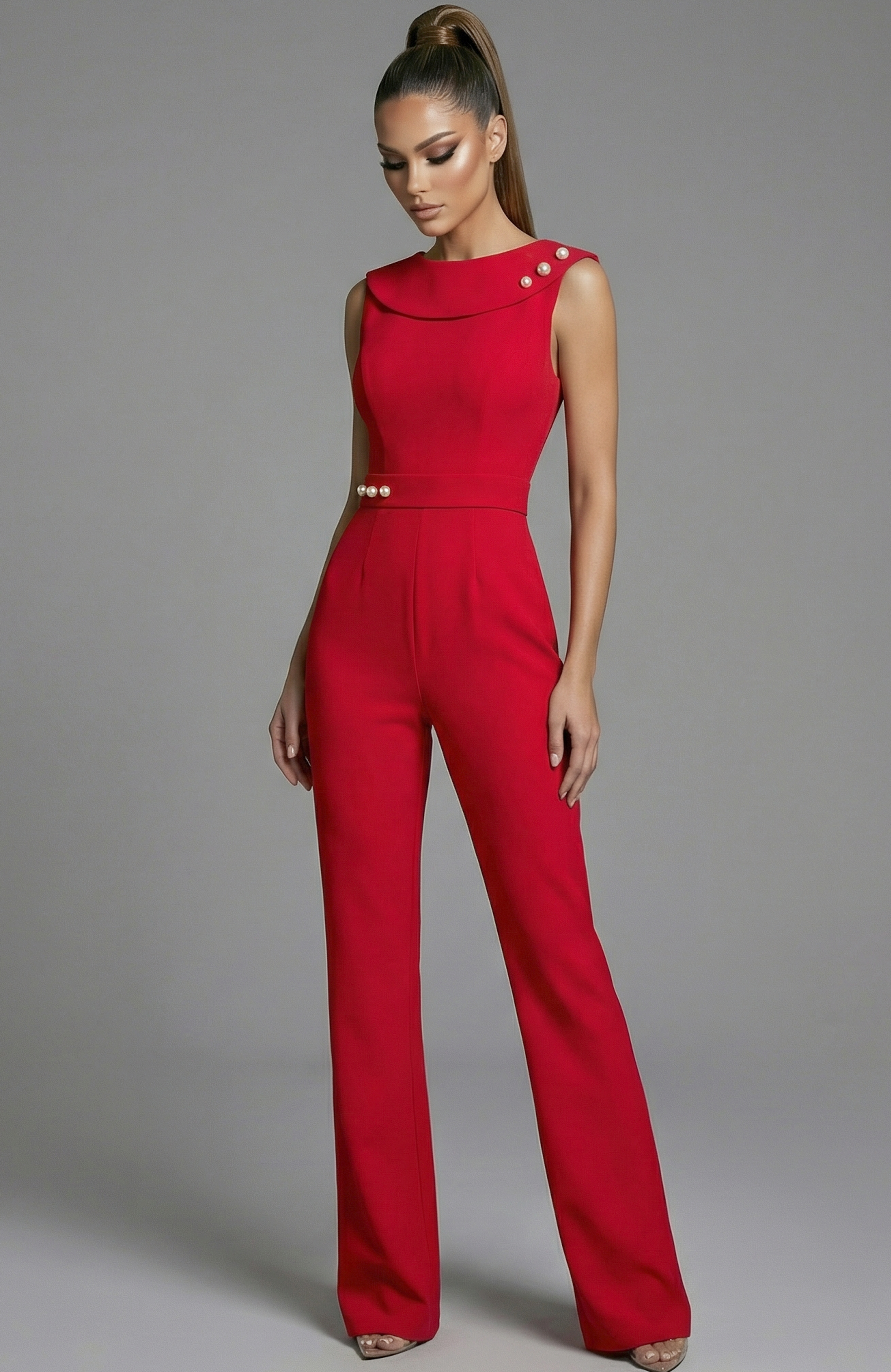 50299 off shoulder tailored jumpsuit with pearl shoulder accents
