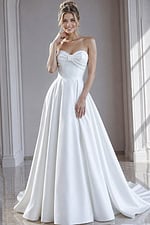 ivory satin strapless A-line wedding dress with sweetheart neckline, bow front bodice and pleated ballgown skirt, front view, Jovani Bridal style 50534