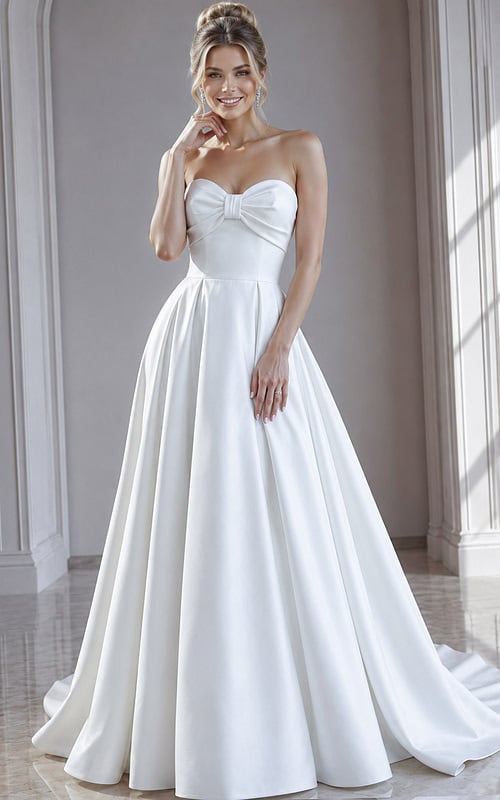 ivory satin strapless A-line wedding dress with sweetheart neckline, bow front bodice and pleated ballgown skirt, front view, Jovani Bridal style 50534
