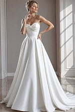 ivory satin strapless A-line wedding dress with sweetheart neckline, bow front bodice and pleated ballgown skirt, front view, Jovani Bridal style 50534