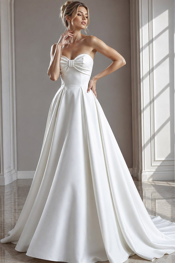 ivory satin strapless A-line wedding dress with sweetheart neckline, bow front bodice and pleated ballgown skirt, front view, Jovani Bridal style 50534