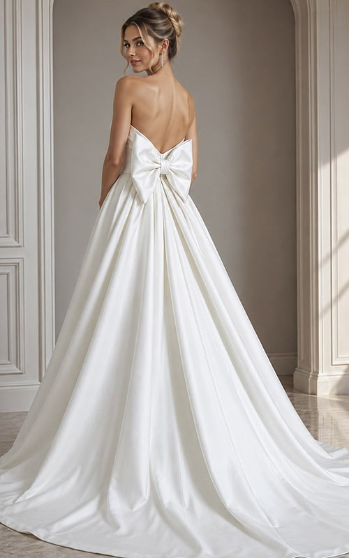 ivory satin strapless A-line wedding dress with sweetheart neckline, bow front bodice and pleated ballgown skirt, front view, Jovani Bridal style 50534