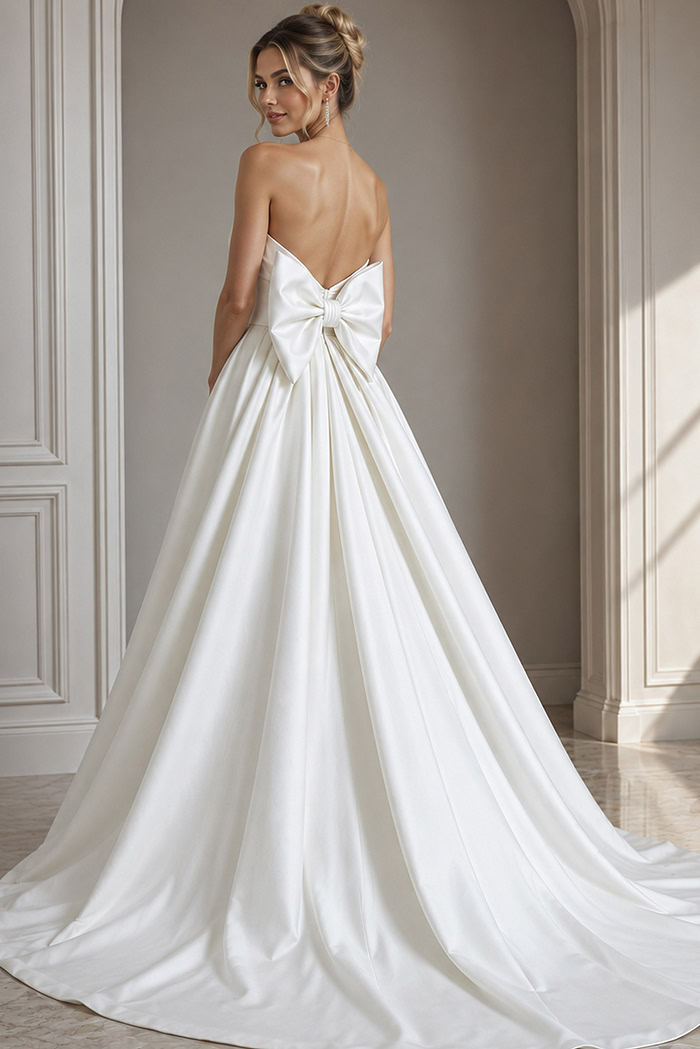 ivory satin strapless A-line wedding dress with sweetheart neckline, bow front bodice and pleated ballgown skirt, front view, Jovani Bridal style 50534
