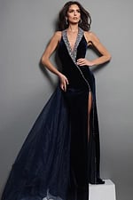 navy blue sheath long dress with velvet bejeweled v neck high slit sheer train