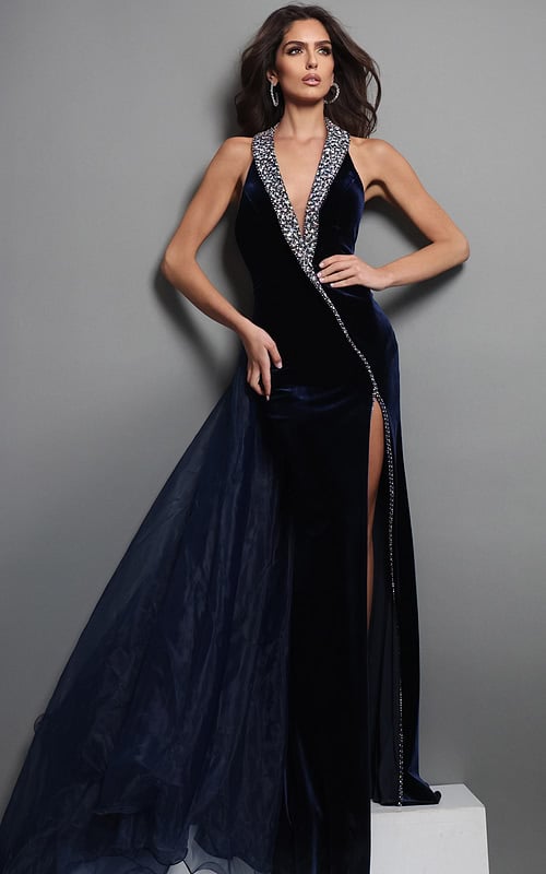 navy blue sheath long dress with velvet bejeweled v neck high slit sheer train
