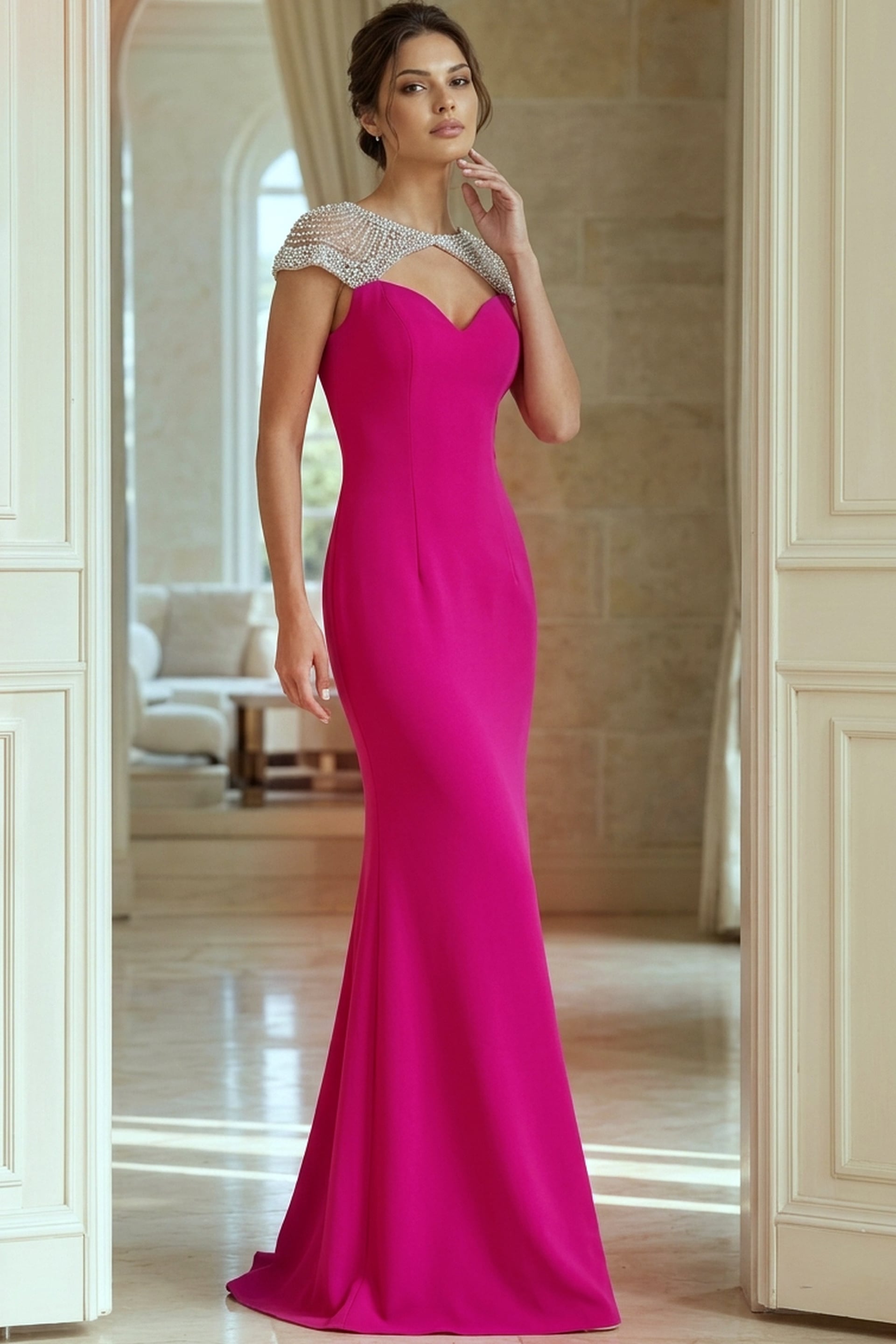 50549-fuchsia-2 Fuchsia Mermaid Gown With Crystal Illusion Neckline