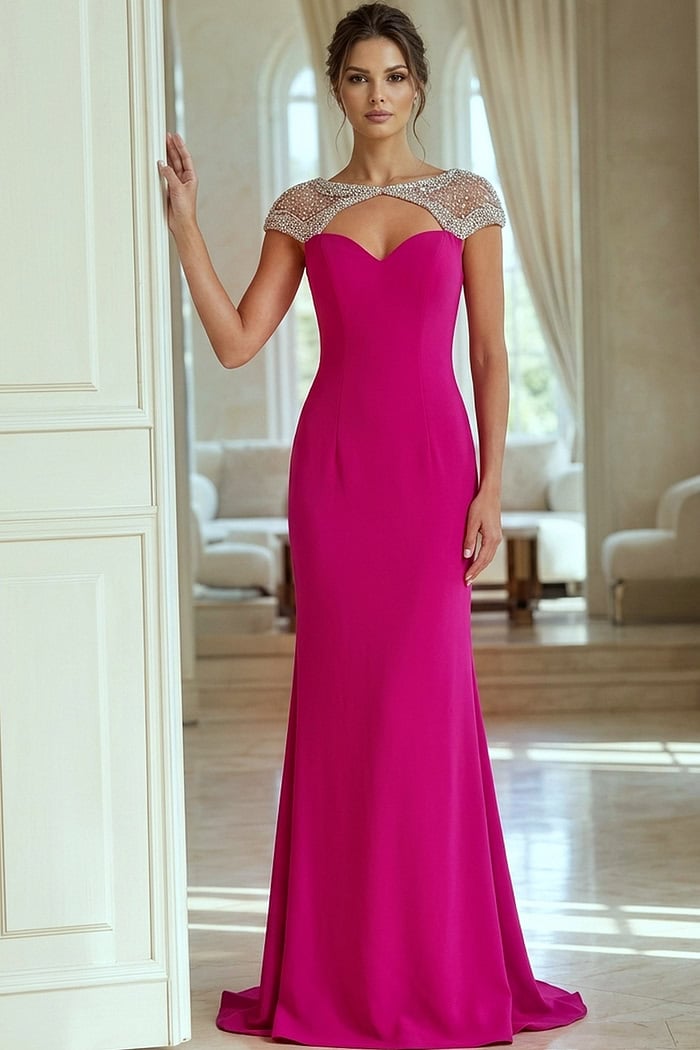 Designer Formal Gown With Beaded Cap Sleeves