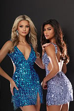 Jovani style 51547 teardrop sequin fringe short homecoming dress with plunging V neckline and fringe hem, front view