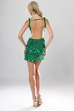back view of green teardrop sequin fringe short homecoming dress with plunging V neckline and fringe hem, Jovani style 51547