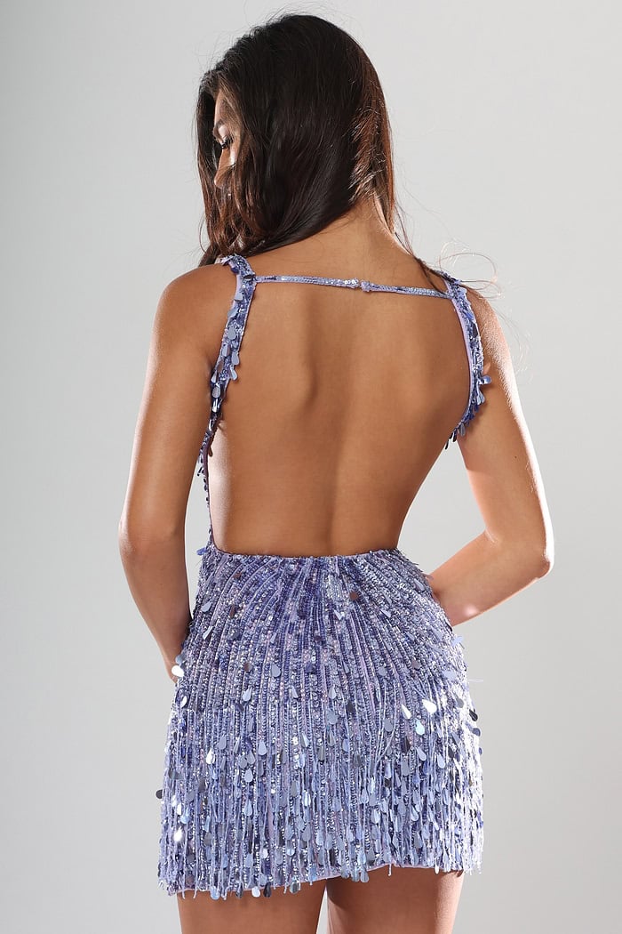 back view of lilac teardrop sequin fringe short homecoming dress with plunging V neckline and fringe hem, Jovani style 51547