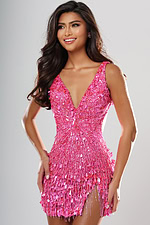 Jovani style 51547 neon pink teardrop sequin fringe short homecoming dress with plunging V neckline and fringe hem, front view