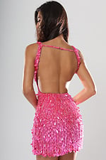 back view of neon pink teardrop sequin fringe short homecoming dress with plunging V neckline and fringe hem, Jovani style 51547