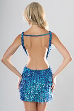 back view of peacock blue teardrop sequin fringe short homecoming dress with plunging V neckline and fringe hem, Jovani style 51547