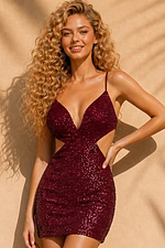 burgundy sequin mini dress with deep V-neck, spaghetti straps and side cut-outs