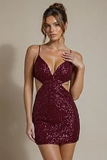 burgundy sequin mini dress with deep V-neck, spaghetti straps and side cut-outs