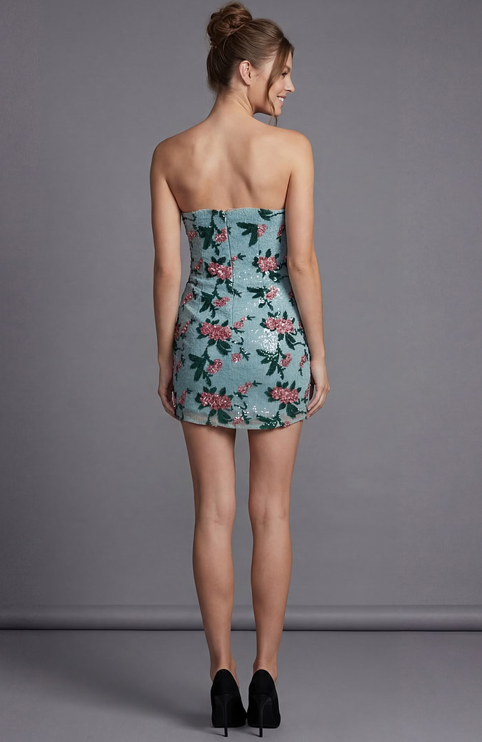 Sparkling bodycon cocktail dress in light mint featuring rose gold floral sequin embroidery.