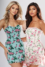 Jovani style 51557 sequin strapless short homecoming dress with sweetheart neckline and floral embroidery, front view