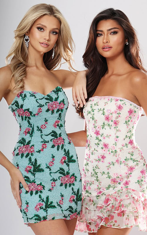 Jovani style 51557 sequin strapless short homecoming dress with sweetheart neckline and floral embroidery, front view