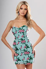 Jovani style 51557 aqua green sequin strapless short homecoming dress with sweetheart neckline and floral embroidery, front view