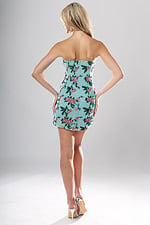 back view of aqua green sequin strapless short homecoming dress with sweetheart neckline and floral embroidery, Jovani style 51557