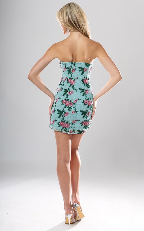 back view of aqua green sequin strapless short homecoming dress with sweetheart neckline and floral embroidery, Jovani style 51557