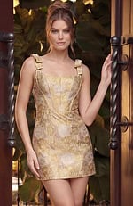 Gold floral brocade cocktail dress showcasing a structured bodice with corset-style stitching and adjustable bow straps.