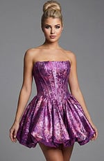 Strapless brocade mini dress with structured corset bodice and flared skirt