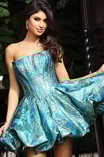 strapless floral fit and flare blue dress 51572