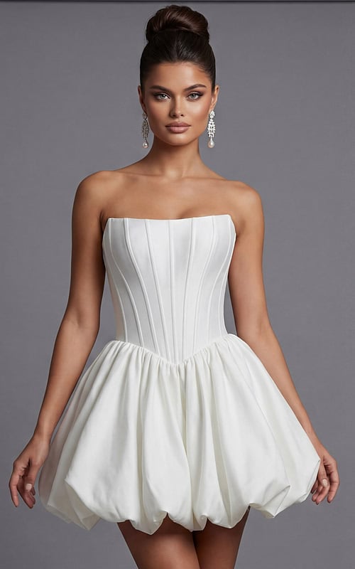Strapless corset dress with structured bodice and voluminous bubble hem silhouette