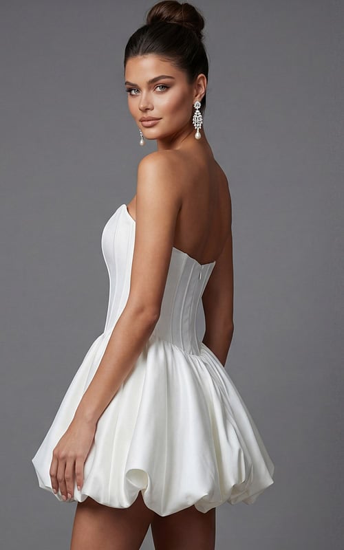 Back view of strapless corset dress featuring fitted waist and gathered bubble skirt