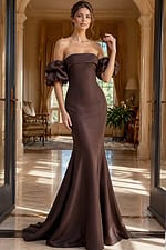 burgundy satin off shoulder mermaid gown with dramatic puff sleeves