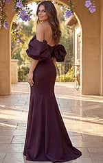 back view of satin off shoulder mermaid gown