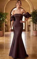 satin off shoulder mermaid gown with dramatic puff sleeves