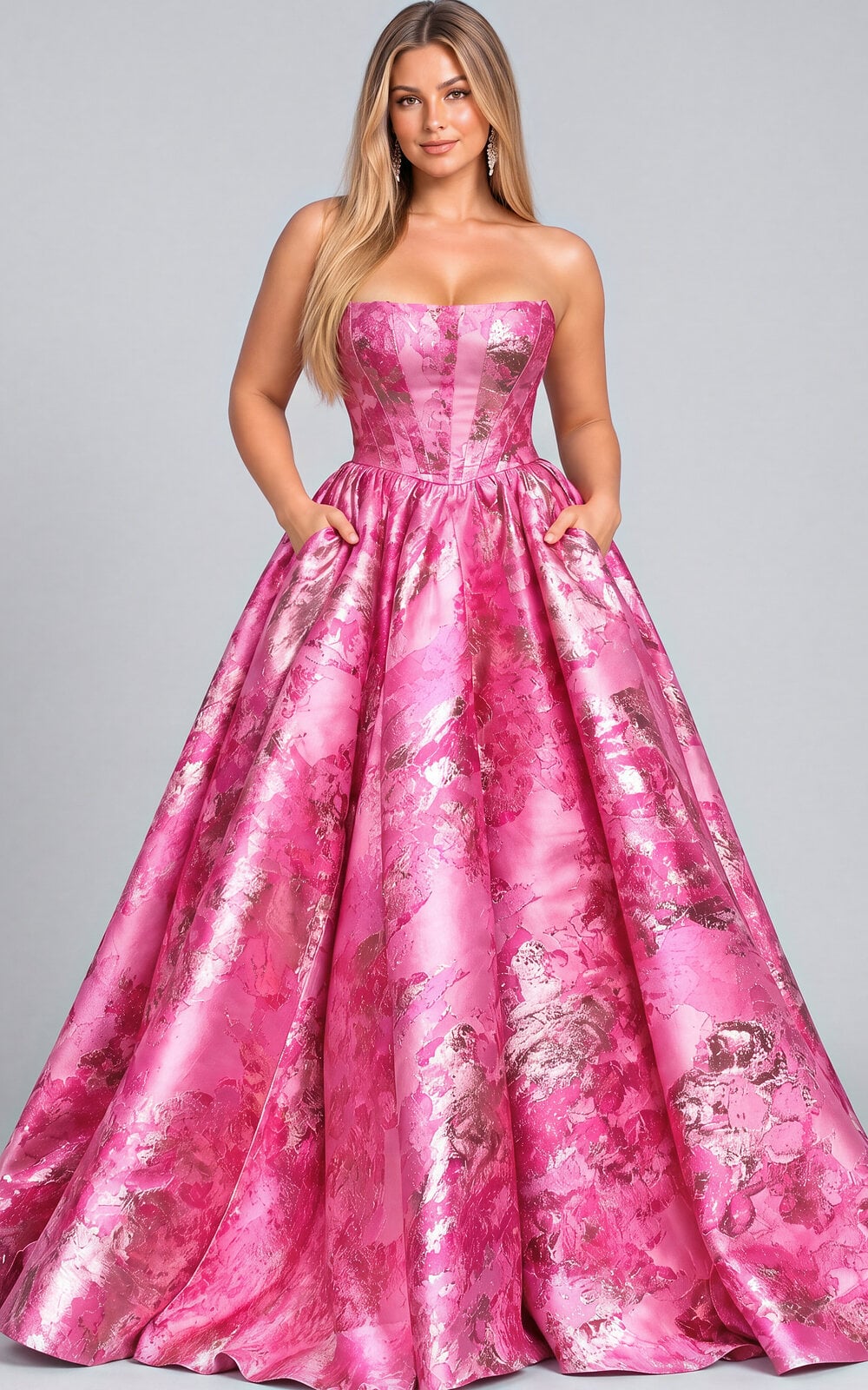 Fuchsia floral jacquard strapless ball gown with pockets, plus size, Jovani style 51579