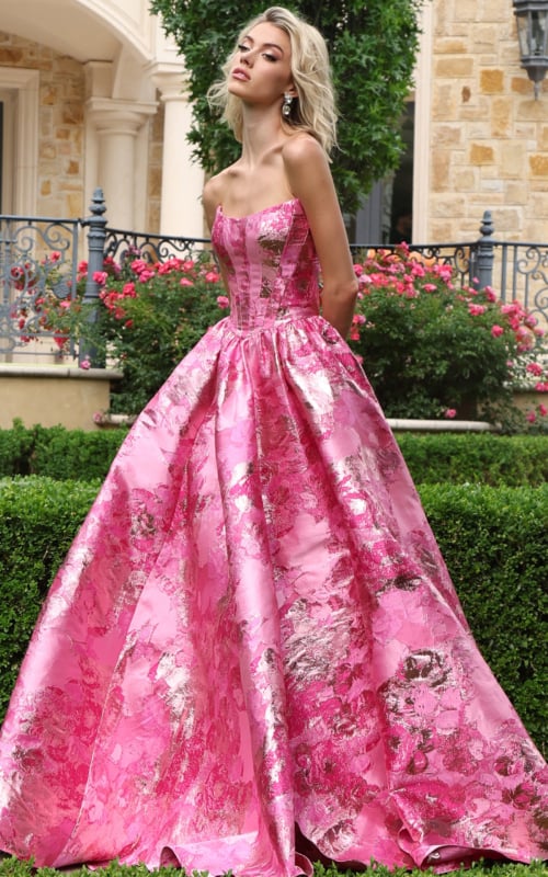 Pink and gold metallic floral jacquard ball gown with strapless corset bodice, front view